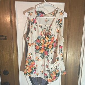 Plus size 1X ModCloth Women's Cream Floral Tank Top - Pink & Yellow Rose Print